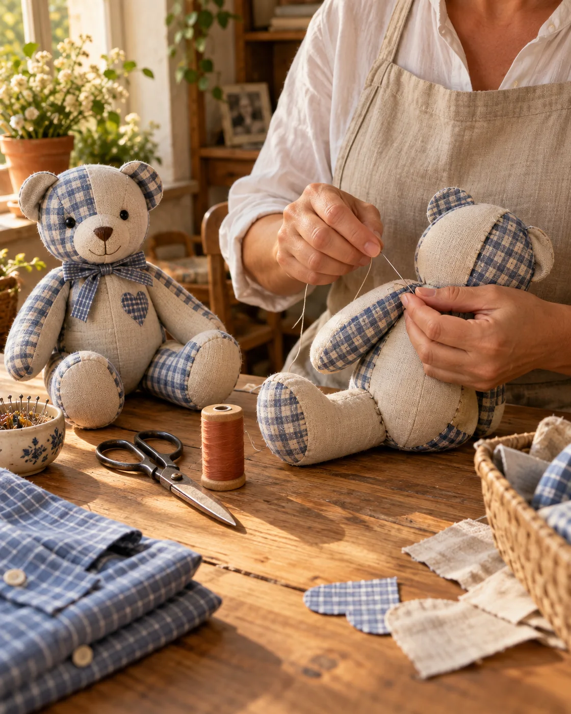 Artesã costurando um urso afetivo com tecidos de roupas em seu ateliê