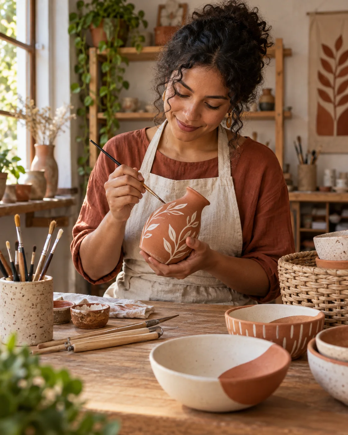 Artesã pintando um vaso de cerâmica em uma bancada com peças feitas à mão