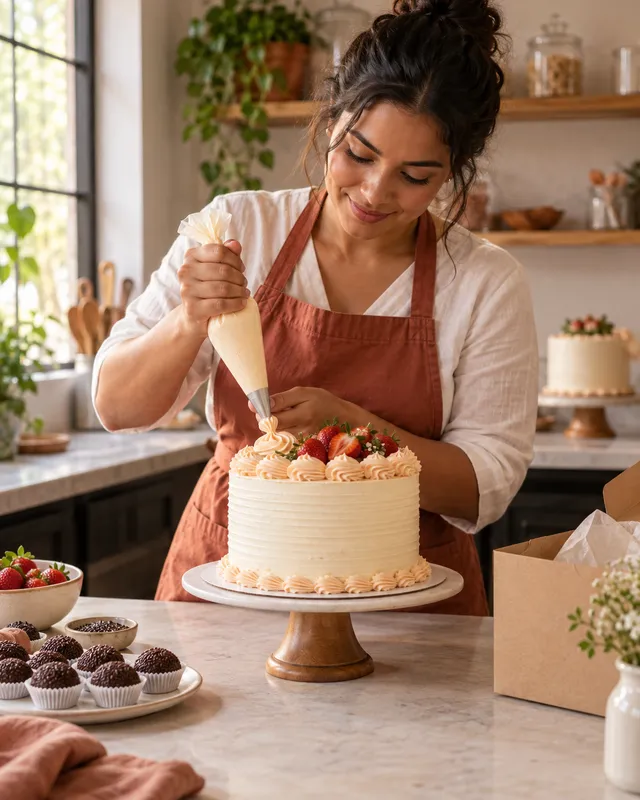 Confeiteira decorando um bolo com creme e morangos em uma bancada com brigadeiros