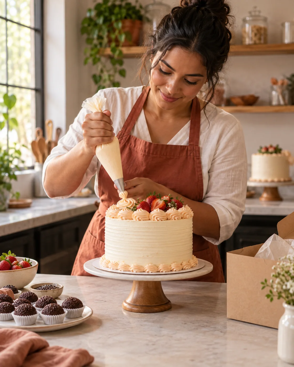 Confeiteira decorando um bolo com creme e morangos em uma bancada com brigadeiros