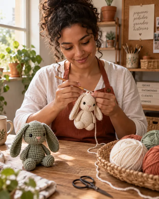 Artesã fazendo um coelho de amigurumi com novelos de algodão e uma peça pronta ao lado