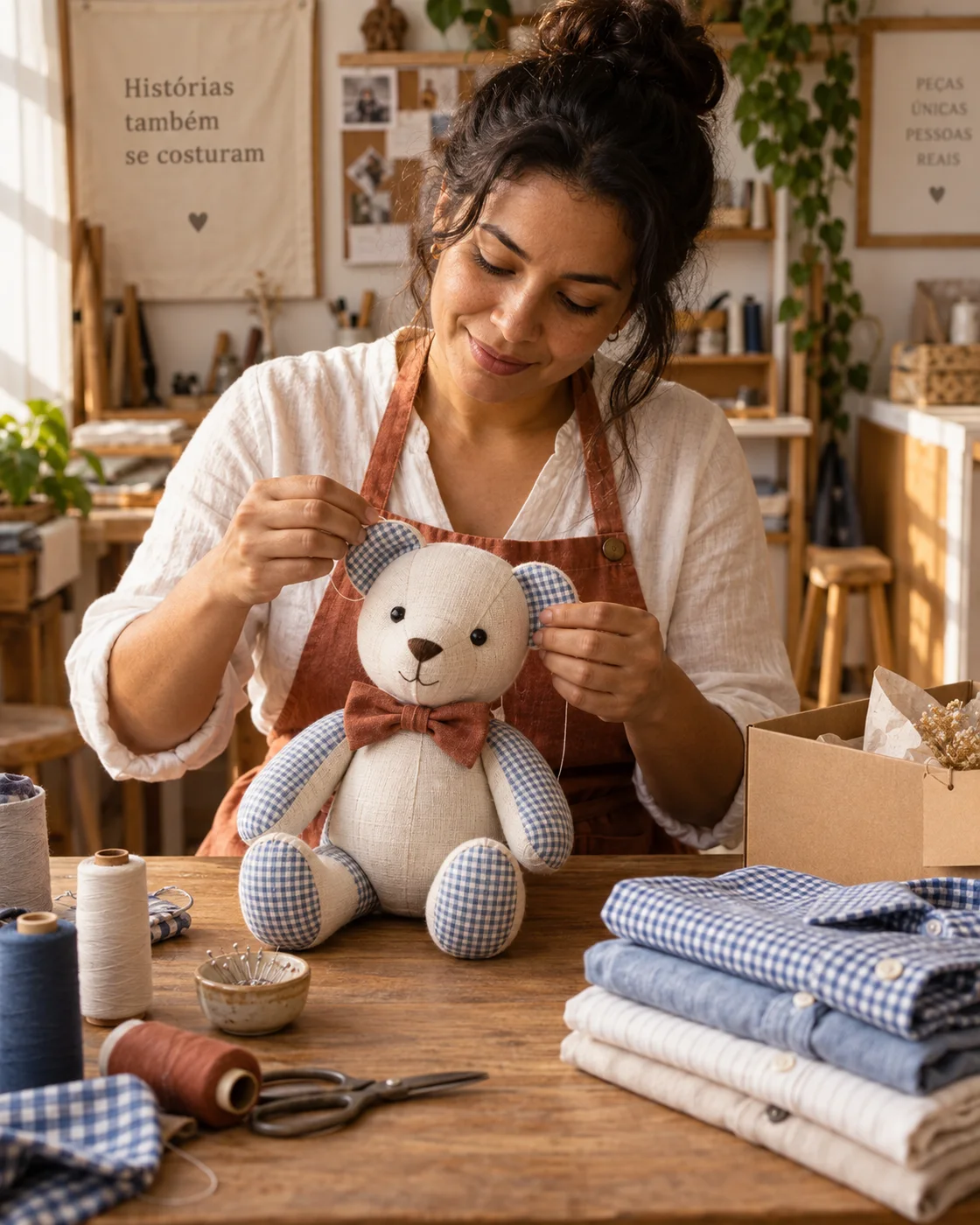 Artesã finalizando um urso afetivo de linho e tecido xadrez em uma bancada de ateliê