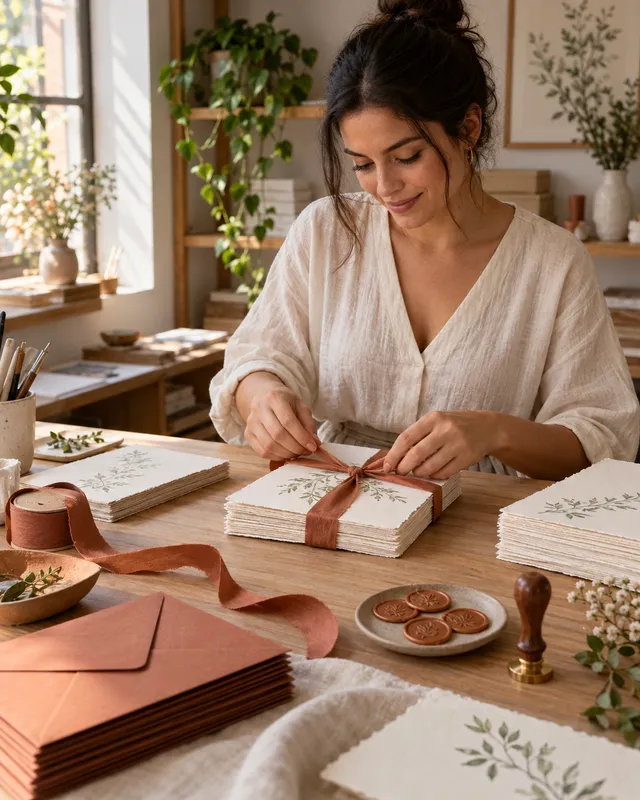 Artesã montando convites em papel texturizado com envelopes terracota, fitas e lacres