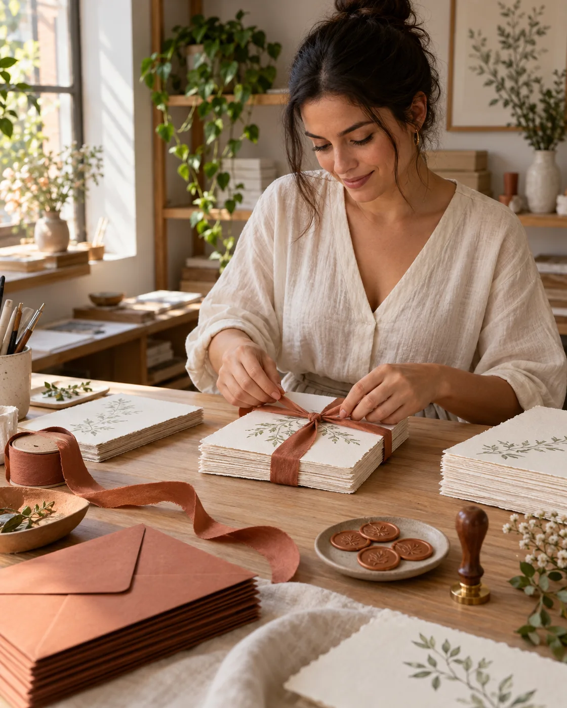 Artesã montando convites em papel texturizado com envelopes terracota, fitas e lacres
