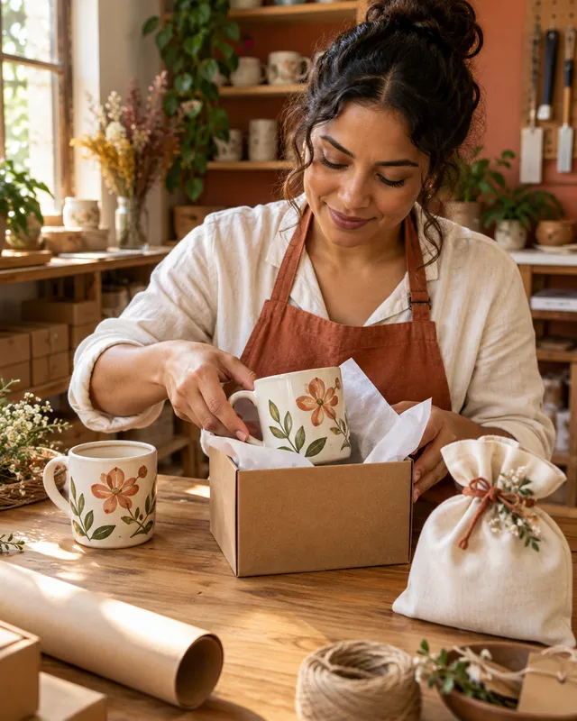 Artesã embalando uma caneca com flores em uma caixa de presente com papel de seda